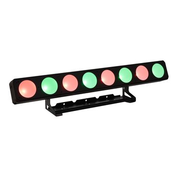 Černý lineární LED panel s osmi kulatými světelnými zdroji, které svítí střídavě červeně a zeleně. Zařízení je osazeno černým kovovým držákem s montá…