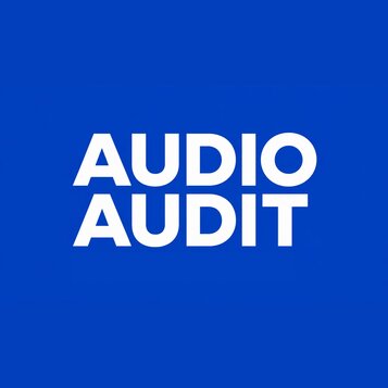 Modrý obrázek s bílým textem. Text je rozdělen do dvou řádů a zní AUDIO AUDIT.