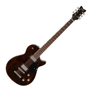 Tmavně hnědá elektrická kytara s černým hmatníkem a černým plecháčem. Na hlavě nástroje je bílý nápis Gretsch. Kytara má dva snímače s kovovými kryty…