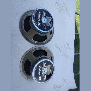 Dvě reproduktory značky Celestion v béžovém provedení. Na středových krytech je uveden nápis LOUDSPEAKERS, model G12 Vintage 30 a text CELESTION INTE…