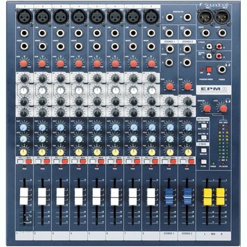 Modrý mixážní pult s bílými a šedými ovládacími prvky. V pravém horním rohu je logo Soundcraft a vpravo uprostřed nápis EPM 8. Zařízení obsahuje osm…