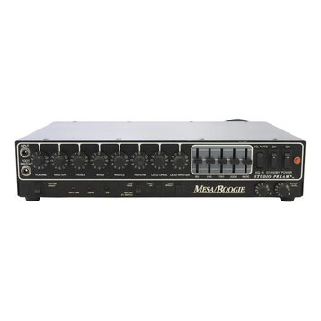 Černý kytarový předzesilovač s bílými nápisy a ovládacími prvky. Na předním panelu je logo Mesa/Boogie, nápis STUDIO PREAMP™ a řada ovladačů s popisk…
