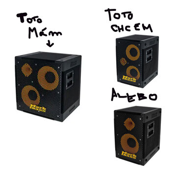 Snímek obsahuje tři černé basové reproduktory značky Mark bass. Každý z nich má čelní kovovou mřížku a oranžové membrány reproduktorů. Na boku každéh…