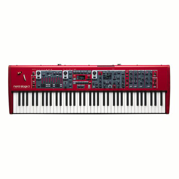 Červený digitální klavír s bílými a černými klávesami. Na levé straně je nápis nord stage 3 a pod ním menší text NORDIC KEYBOARD INSTRUMENTS AB. Horn…