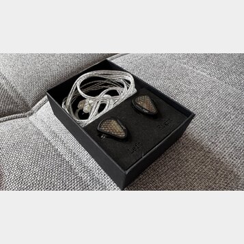 V černé krabičce s pěnovou vložkou jsou umístěny dva černý sluchátka in-ear a k nim příslušný stříbrný opletený kabel. Na sluchátkách jsou viditelné…