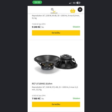 Snímek zachycuje dva černé 18" reproduktory z různých úhlů. Pod nimi je uveden text RCF LF18X401 8/ohm a technické specifikace: Reproduktor 18", 1500…