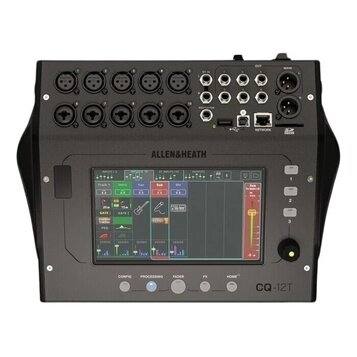 Digitální mixážní pult v černé barvě s dotykovým displejem. Na horní straně je nápis ALLEN&HEATH a v pravém dolním rohu označení CQ-12T. Horní panel…