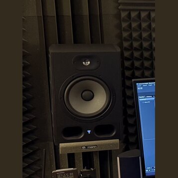 Černý studiový monitor s jedním vysokofrekvenčním a jedním nízkofrekvenčním reproduktorem. Reproduktor je umístěn na stojanu s nápisem th-mann. V dol…