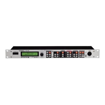 Stříbrný rackový procesor s nápisem TASCAM TA-1VP a logem antares. Zařízení má zelený displej s textem Auto-Tune Sensitivity: Z, ovládací knoflík a n…