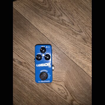 Modrý kytarový efekt pedál s nápisem FLASHBACK MINI a logem tc electronic. Na horní straně jsou tři ovládací knoflíky s popisky DELAY, F. BACK a LEVE…