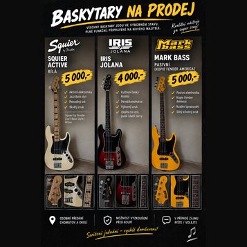 Inzerát zobrazuje tři elektrické basové kytary. První je bílá s nápisem Squier by Fender, druhá je červeně gradientní se značkou IRIS JOLANA a třetí…