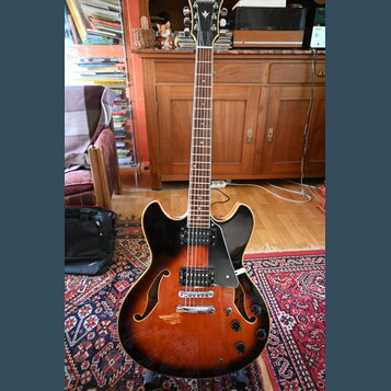 Polodupatá elektrická kytara s tělem v barvě sunburst a černým pickguardem. Na hlavě je viditelné logo Epiphone. Nástroj má dva humbuckery, tři kontr…