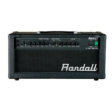 Černý kytarový kombozesilovač s nápisem Randall na předním textilním krytu. V horní části je ovládací panel s nápisy RH50T, 50 WATT TUBE HEAD a sekce…