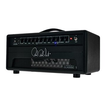 Černý kytarový zesilovač s nápisem Paul Reed Smith uprostřed přední strany. V horní části jsou ovládací knofíky rozdělené na sekce LEAD CHANNEL a CLE…