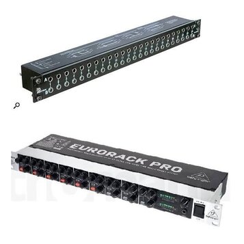 Horní fotografie zobrazuje černý rackový patchpanel s řadou konektorů. Na levé straně je vidět nápis NEUTRIK a označení A a B.

Dolní fotografie zobr…