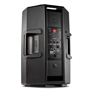 Černý aktivní reproduktor z plastového materiálu. Na zadním panelu a na horní části korpusu je logo JBL PROFESSIONAL, dále je zde nápis EON 615. Pane…