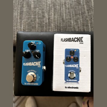 Modrý efekt pedál s nápisy FLASHBACK MINI a tc electronic. Na horní části jsou tři černé oválové knoflíky s popisky DELAY, F. BACK a LEVEL. Ve spodní…