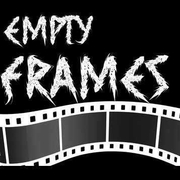 Grafický obrázek na černém pozadí s bílým textem EMPTY FRAMES v agresivním, roztrhaném stylu. Pod textem je znázorněn zakřivený útržek filmového pásu…