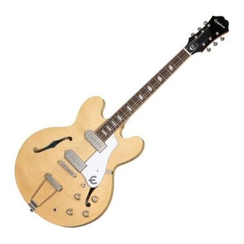 Polodupatá elektrická kytara s přírodním dřevěným povrchem a f-otvory. Na hlavě hředu je bílý nápis Epiphone a na bílém pickguardu se nachází logo v…