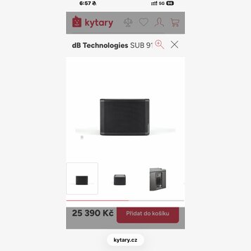 Snímek zobrazuje černý subwoofer s přední kovovou mřížkou. V horní části stránky je uveden text dB Technologies SUB 91. Pod hlavním produktem jsou tř…