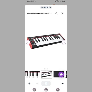 Černý MIDI kontrolér s červenými detaily a bílými klávesami. Na levé straně je vidět logo AKAI a nápis LPK25. Zařízení obsahuje několik ovládacích tl…