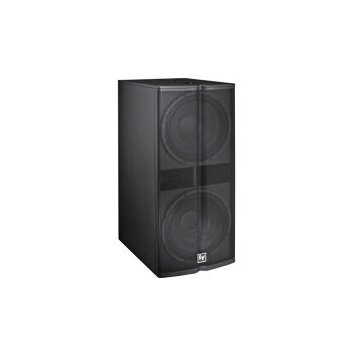 Černý subwoofer s dvěma reproduktory umístěnými nad sebou. Přední strana je kryta kovovou ochrannou mřížkou. V pravém dolním rohu je bílé logo EV.