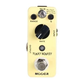 Světle žlutý efekt pedál s nápisy FUNKY MONKEY a MOOER. Obsahuje jeden velký černý ovládací knoflík s popiskem RATE, dva menší černé knoflíky s popis…