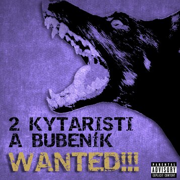 Fialový obrázek s černým siluetovým zobrazením otevřené tlamy zvířete. Uprostřed je černý a zlatý text „2 KYTARISTI A BUBENÍK WANTED!!!“. V pravém do…