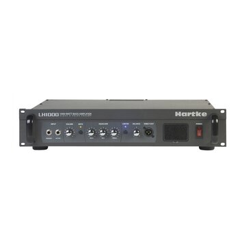 Černý basový zesilovač v rackovém provedení s úchyty po stranách. Na předním panelu je nápis LH1000 1000 WATT BASS AMPLIFIER CLASS A VALVE PREAMP a l…