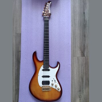 Elektrická kytara s tělem v barvě sunburst a bílým pickguardem. Na hlavě hředu je nápis Carl Martin. Kytara má tři humbuckery, z nichž každý nese náp…