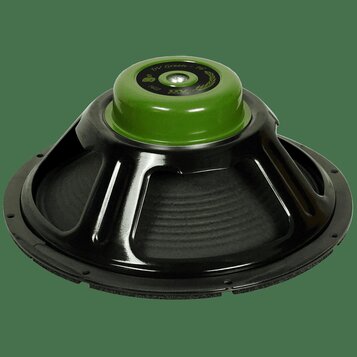 Černý reproduktor s výrazným zeleným magnetem. Na horní části magnetu je nápis DV Green - 16 a dále označení 1612. Povrch černého rámu je lesklý a v…