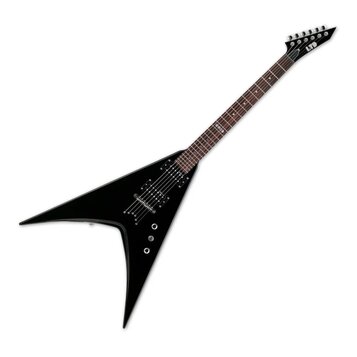 Černá elektrická kytara s ostře hranatým tělem ve tvaru V. Na hlavě hmatníku je bílé logo LTD. Nástroj má dva humbuckery, ladicí kolíky stříbrné barv…
