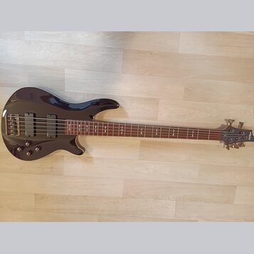 Tmavě fialová elektrická basová kytara s pětistrunným hřidnicí. Na hlavě nástroje je viditelné logo "Schecter". Tělo má lakovaný povrch a čtyři ovlád…