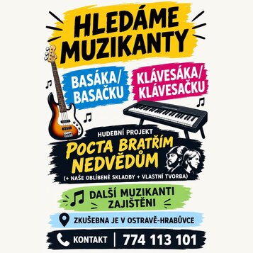 Grafický inzerát s nápisem HLEDÁME MUZIKANTY, který hledá basáka/basačku a klávesáka/klávesačku. V horní části jsou ilustrace elektrické basy v žlutě…