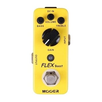 Žlutý kytarový efekt s nápisy FLEX Boost a MOOER. Na horní části jsou tři černé ovládací knoflíky s popisky BASS, VOLUME a TREBLE a vstup DC IN. Upro…