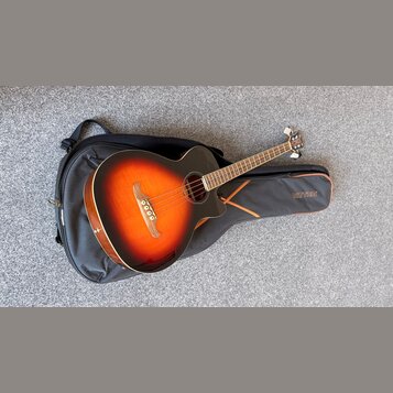 Akustická kytara s barevným přechodem (sunburst) od žluté přes oranžovou k černé, položená na černém obalu. Na obalu je viditelný nápis RITTER. Kytar…