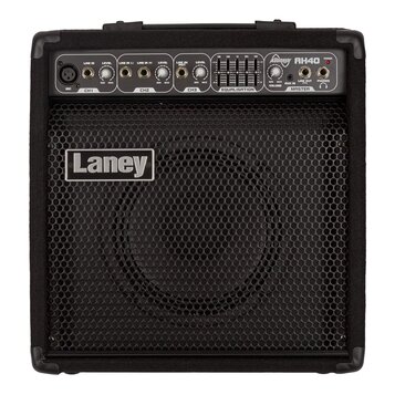 Černý kytarový kombo zesilovač s kovovou mřížkou. Na přední straně je bílo-černé logo Laney a v horní části nápis AUDIOHUB AH40. Ovládací panel obsah…