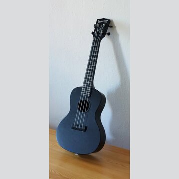 Černý ukulele s matným povrchem. Na hlavě nástroje je bílý nápis „The Waterman USA“. Nástroj vykazuje známky běžného používání a je opřen o bílou zeď…