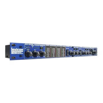 Modrý rackový efektový procesor s nápisem lexicon MX200 Dual Reverb Effects Processor. Přední panel obsahuje několik otočných ovladačů, tlačítka a LE…
