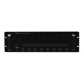 Černý rackový zesilovač s osmi ovládacími knoflíky v dolní části. V levém horním rohu je nápis "APARTO PREMI TRANSFORM-ATTENUATOR 30W". Zařízení má v…