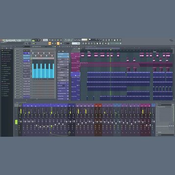 Snímek zachicuje obrazovku počítače s otevřeným softwarem pro tvorbu hudby FL Studio. Jsou zde vidět okna s aranžmá skladeb, mixážní pult a seznamy z…