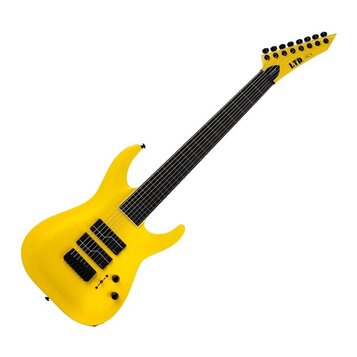 Žlutá elektrická kytara s matným povrchem a černým hmatníkem. Na hlavě je vidět nápis LTD. Nástroj má tři černé humbuckery, jeden ovládací knoflík a…