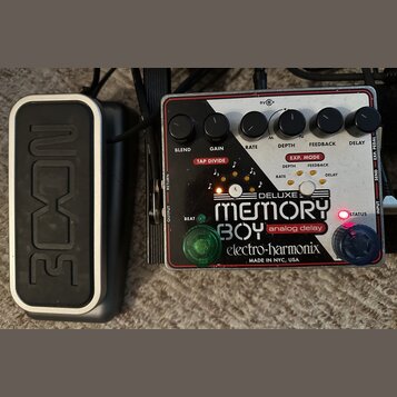 Na fotografii jsou dva kytarové pedály. Vlevo je stříbrný pedal s černým vrchem a nápisem 3ECN. Vpravo je efekt Electro-Harmonix Deluxe Memory Boy an…