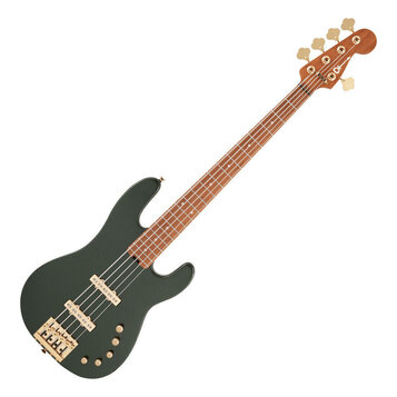 Tmavě zelená elektrická basová kytara se čtyřmi strunami a hnedým hmatníkem. Na hlavě je viditelné logo "Squier". Nástroj má zlatý hardware, včetně l…