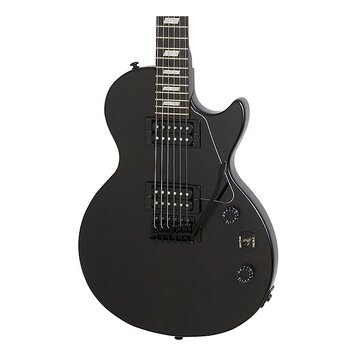 Černá elektrická kytara s matným povrchem a dvěma humbuckery. Na ovládacích knoflíkách jsou viditelné nápisy RHYTHM a TREBLE. Kytara má bílý lem podé…