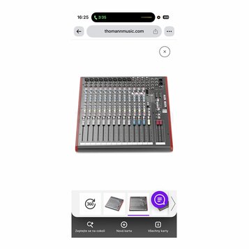 Míchací pult s šedým povrchem a červenými bočními listy. Na pravé straně je vidět logo ALLEN & HEATH a modelové označení ZED-16FX. Přístroj obsahuje…