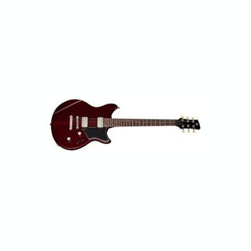 Tmavě červená elektrická kytara s černým hmatníkem a černým pickguardem. Nástroj má dva humbuckery s bílými rámečky a stříbrný most. Na hlavě hmatník…