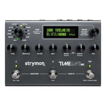 Kytarový efekt pedál značky strymon, model TIMELINE MX. Zařízení má šedý kovový povrch s černým displejem a sedmi ovládacími knoflíky s nápisy TIME,…