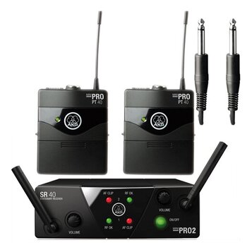 Sada bezdrátového systému značky AKG v černé barvě. Obsahuje dva vysílače s nápisem MINI PRO PT 40 a jeden přijímač s označením SR 40 STATIONARY RECE…