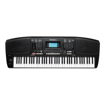 Černý digitální klavír značky KURZWEIL, model KP380X. Nástroj má vestavěné reproduktory po obou stranách a centrální ovládací panel s displejem, na k…